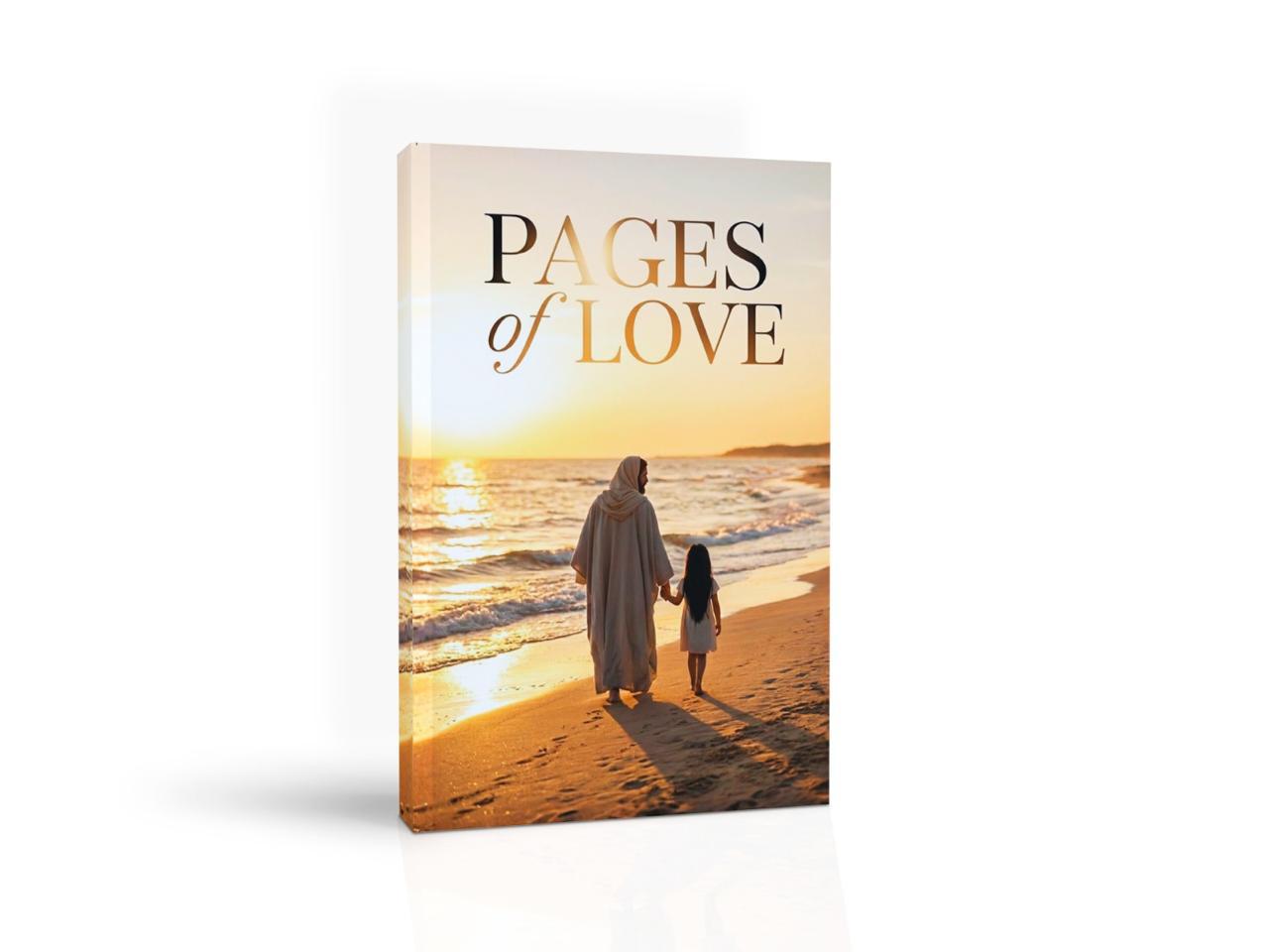 Official cover of Pages of Love: a figure and a child walking hand in hand along the shore at sunset