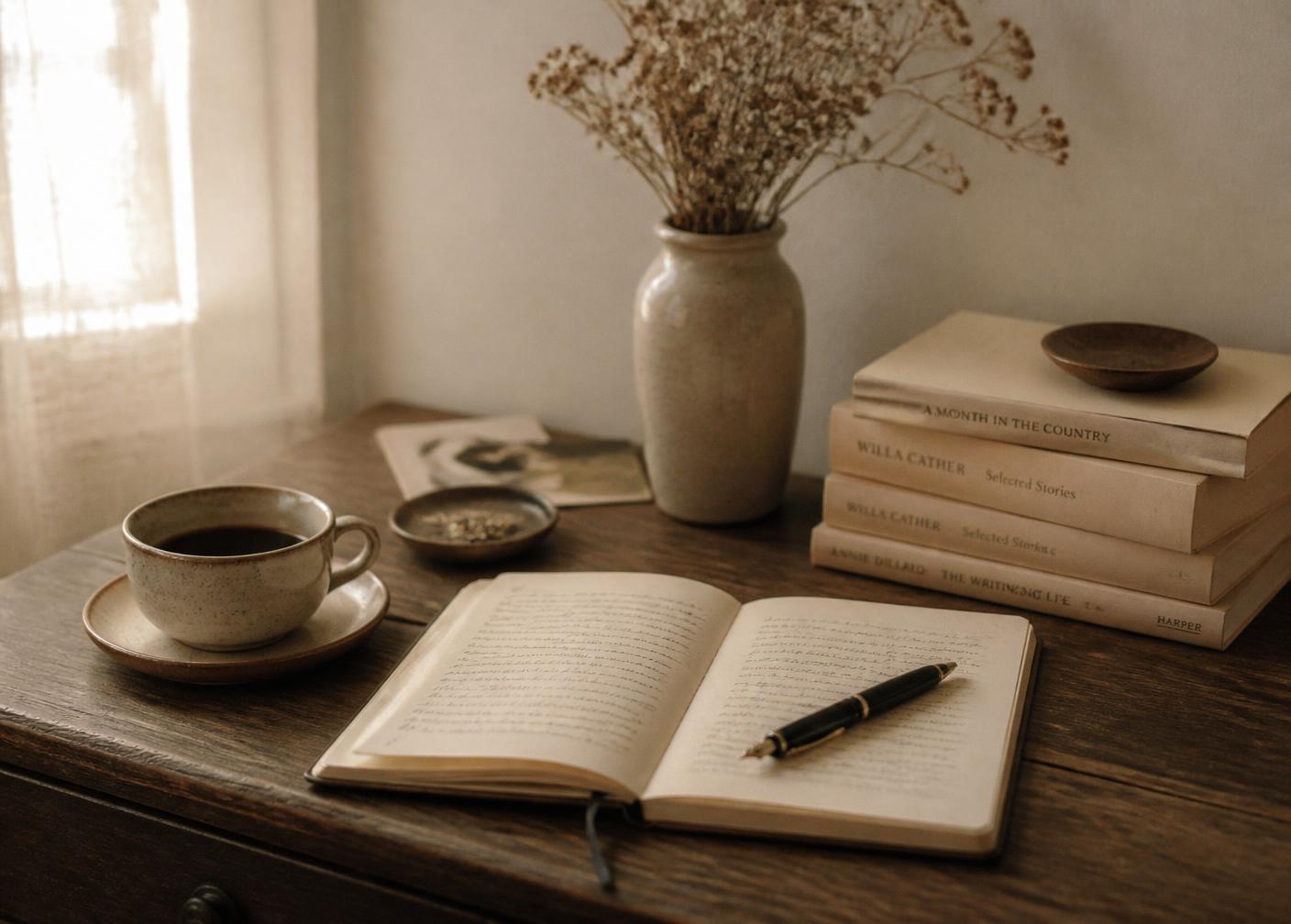 A writing desk with an open notebook, coffee, books and dried flowers in natural light