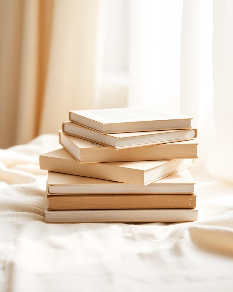 A stack of cream books in soft window light