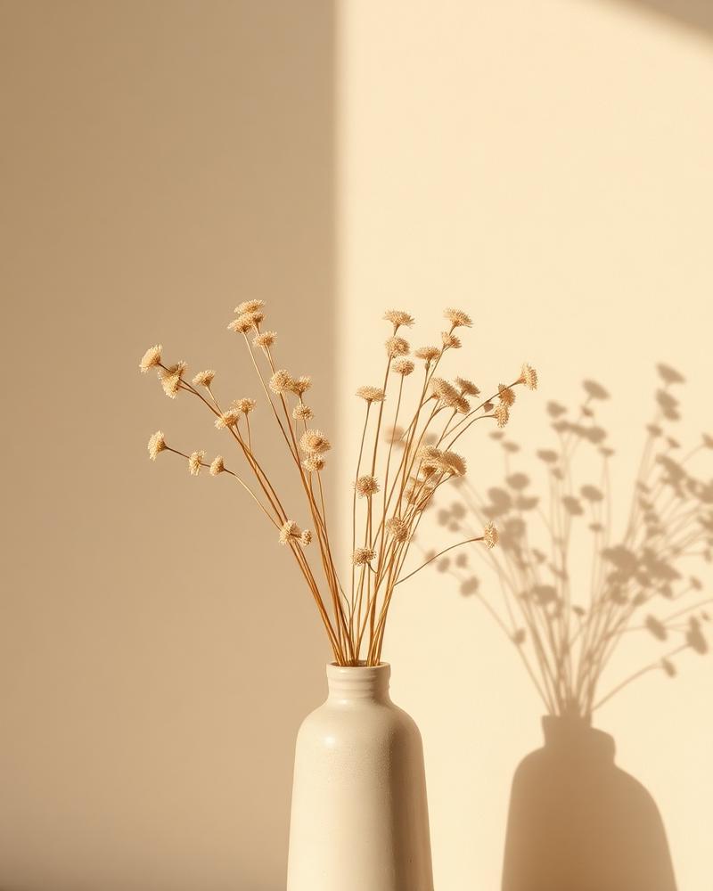 Dried flowers in a ceramic vase against a warm wall