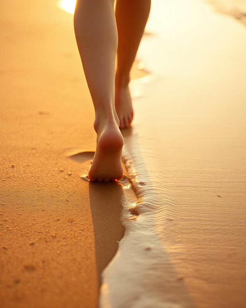 Bare feet walking along wet golden sand